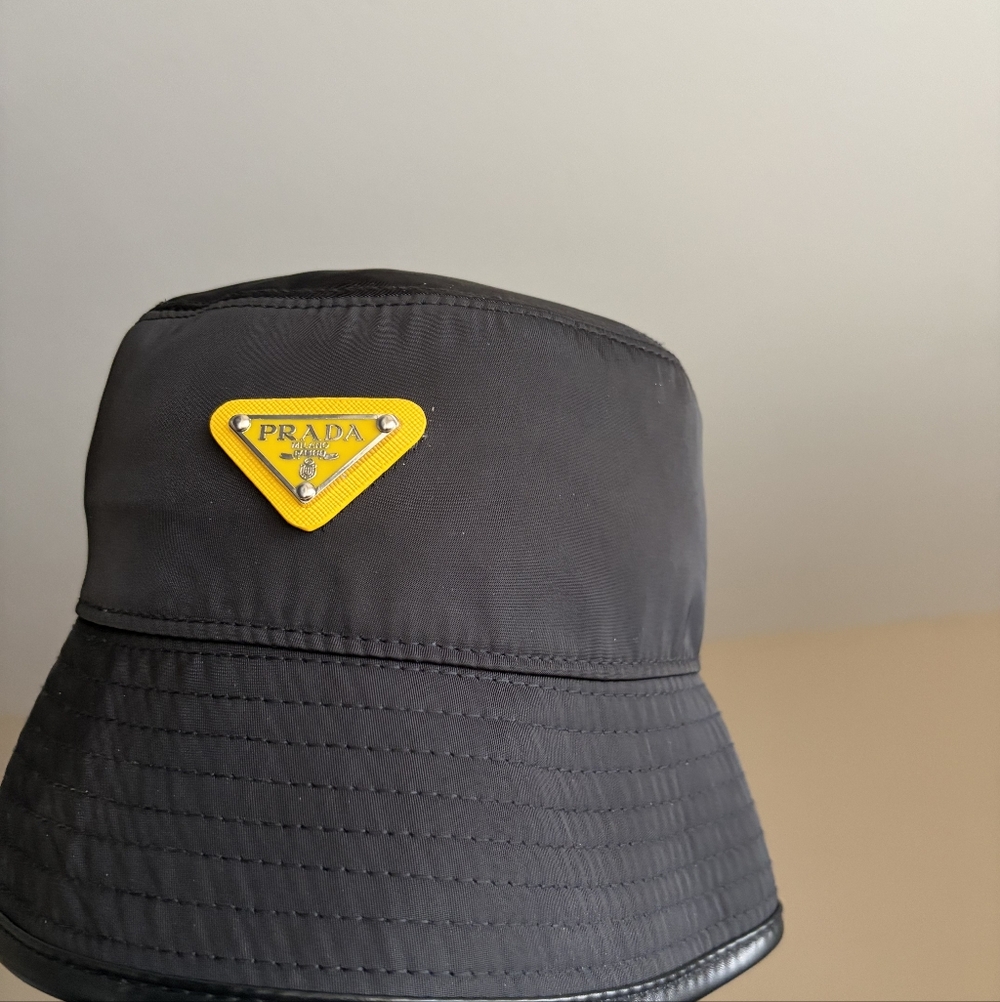 Prada Black Bucket Hat with Yellow Logo